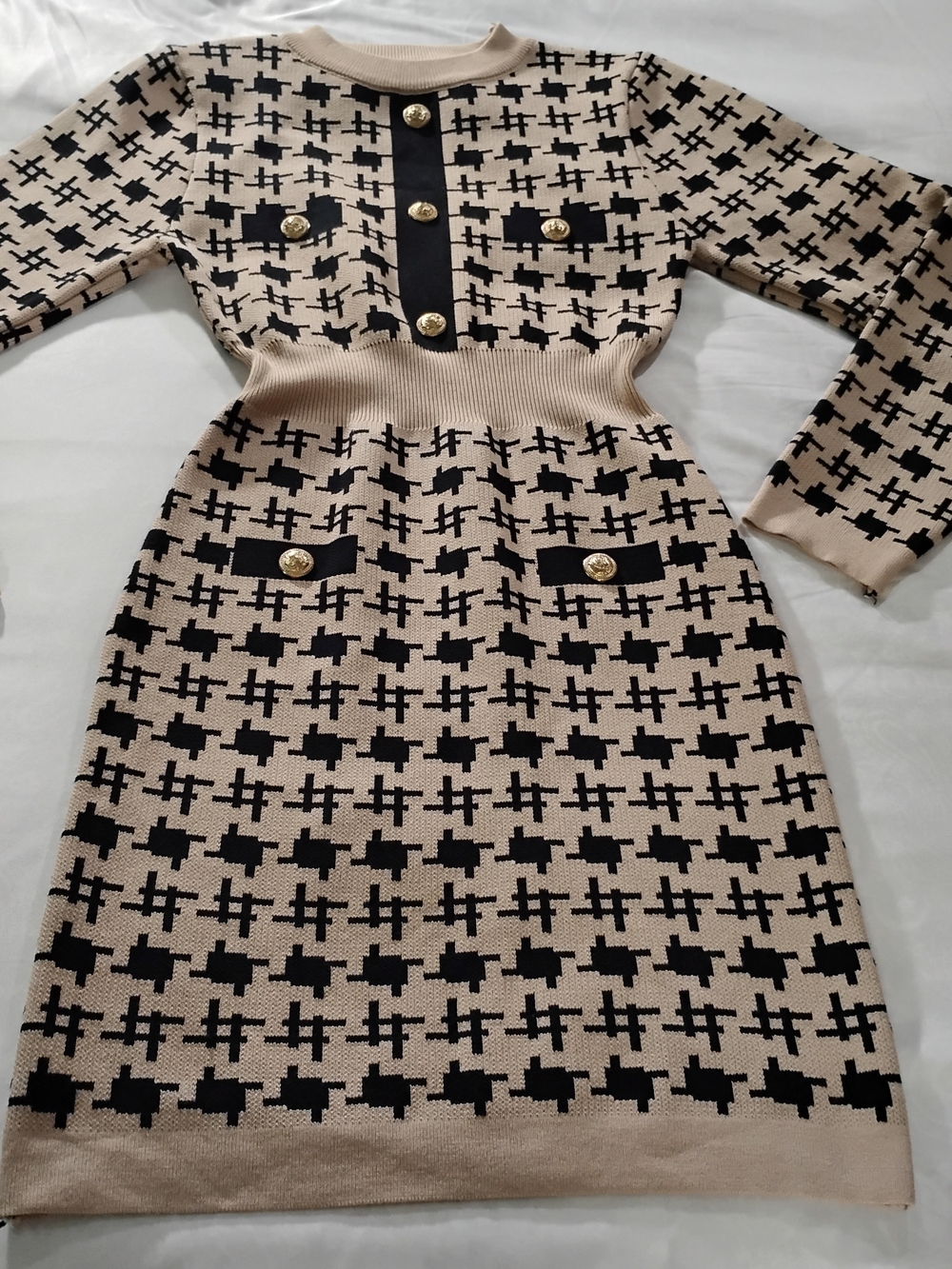 Beige and Black Knit Houndstooth Midi Dress with Gold Buttons